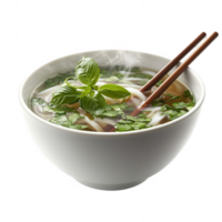A flavorful steaming bowl of pho garnished with fresh herbs, with chopsticks elegantly resting on the rim, creating a warm and inviting culinary display on a transparent background. png