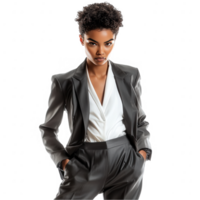 A chic fashion model showcasing a sleek, contemporary outfit with a confident pose on a transparent background. png