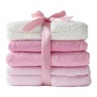 A pile of soft, fluffy towels neatly stacked and secured with a satin ribbon on a transparent background png