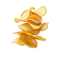 A stack of crispy potato chips suspended mid-air in a dynamic floating arrangement on a transparent background. png