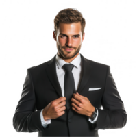 A poised man dressed in a sharp suit, exuding confidence, on a transparent background. png