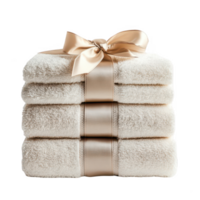A neatly stacked bundle of fluffy towels wrapped with a smooth satin ribbon on a transparent background. png