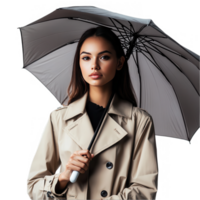 A stylish female model posing with an umbrella on a transparent background. png