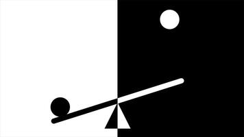 Animation of minimalist black and white design featuring a seesaw with a circle and triangle, symbolizing balance and contrast in a divided space video