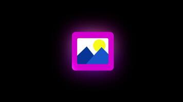 Animation of stylized landscape icon with mountains and a sun, framed in pink, set against a black background, evoking a sense of digital art video