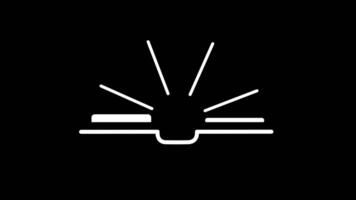 Animation of open book white outline in black background, its pages gently fluttering in the breeze, inviting readers to explore its endless stories and knowledge video
