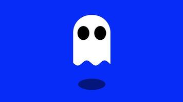 Animation of whimsical ghost character with large black eyes and a friendly expression, set against a bold blue background, inviting smiles and laughter video