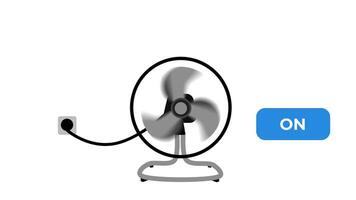 Animation of stylish fan graphic in black with a blue ON OFF button, showcasing a classic design, perfect for illustrating home comfort and cooling video
