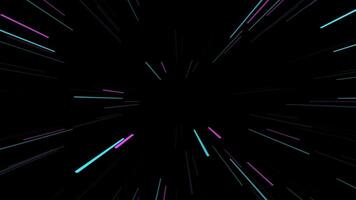 Animation of striking visual of vibrant lines shooting outward from a central point, creating a sense of rapid movement and energy against a dark background, reminiscent of traveling through space video