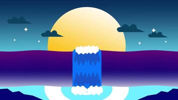 Animation of serene landscape showcasing a waterfall cascading under a large sun, with clouds and stars, creating a tranquil and picturesque scene video
