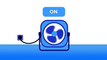 Animation of blue fan illustration with three blades, featuring a prominent ON OFF button in green, set against a white background, symbolizing cool comfort video