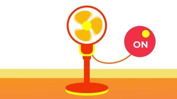 Animation of vibrant red fan with yellow accents, featuring a large ON OFF button, set against a bright background, evoking warmth and energy in design video