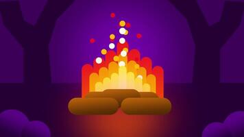 Animation of colorful, abstract campfire scene with vibrant flames and floating sparks, creating a cozy and inviting atmosphere in a mystical setting video