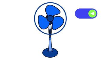 Animation of stylish blue standing fan with three blades, showcasing a sleek design and a toggle switch, perfect for adding a pop of color to any room video