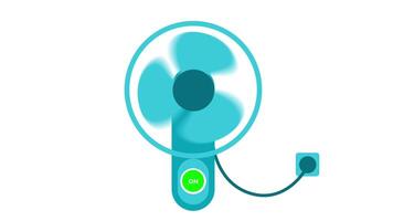 Animation of modern, teal colored wall fan with a circular design, featuring three blades and a prominent ON OFF button, symbolizing cool comfort video