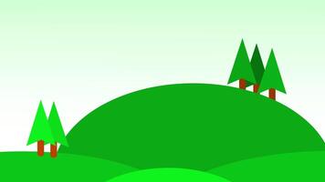 Animation of serene landscape illustration with rolling green hills and stylized trees, set against a light green sky, conveying a sense of tranquility and nature video