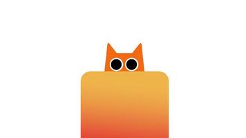 Animation of blocky orange cat with large, round eyes peeking over a gradient orange rectangle, set on a white background video