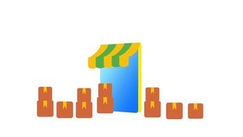 Animation of colorful storefront with packages stacked nearby, representing ecommerce and shopping, set against a white background for emphasis video