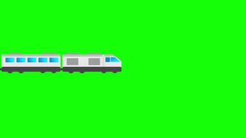 Animation of train with multiple carriages, depicted in white and blue against a bright green background, representing modern transportation. video