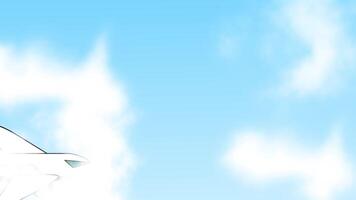 Animation of simple illustration of a white airplane soaring through a bright blue sky with fluffy clouds, representing travel and adventure video