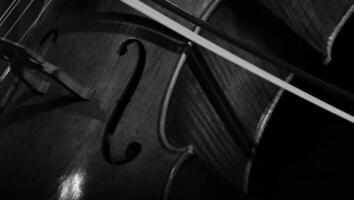 A closeup of a violin and bow, ready to play. photo