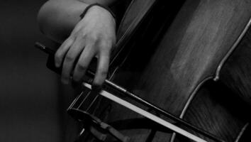 A closeup of a violinist's hands delicately bowing a violin. photo