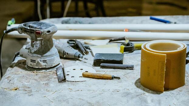 Various tools. file, screwdriver, hammer, pliers, garden tools are displayed on wooden shelf inside rustic garage or manufactory, workshop studio in a rustic garden house. Hobby, leasure activity. High quality photo