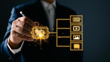 Man touch icon and use ai generates multimedia, marketers education, research, analyze media streaming content creation and online marketing strategies to grow their digital business photo