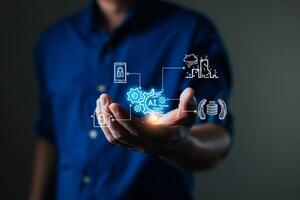 man holding smart AI chatbot and command prompt.Big data storage.Digital Artificial Intelligence technology disruption concept.We are implementing automated tech support and service in the business. photo