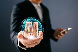man holding ai auto chat bot. Big data center storage.Digital Artificial Intelligence technology disruption concept. We are implementing storage technology support and service in the business. photo