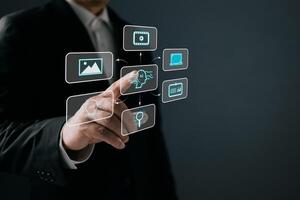 Man touch icon and use ai generates multimedia, marketers education, research, analyze media streaming content creation and online marketing strategies to grow their digital business photo