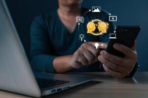Man touch smartphone icon and use ai generates multimedia, marketers education, research, analyze media streaming content creation and online marketing strategies to grow their digital business photo