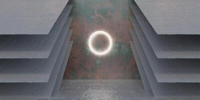 Technology Hall Neon Ring Showroom, Modern Light Hall 3D Illustration photo