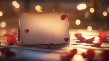 A glowing Valentine's card adorned with red hearts sits on a rustic wooden table, surrounded by scattered rose petals, creating a warm, romantic atmosphere full of love and charm. photo