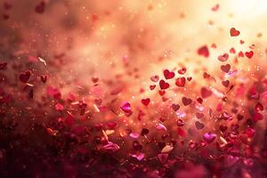 A magical display of vibrant red and pink hearts floating in a golden glow, symbolizing Valentine's joy and spreading love, creating an enchanting and dreamy atmosphere of romance and warmth. photo