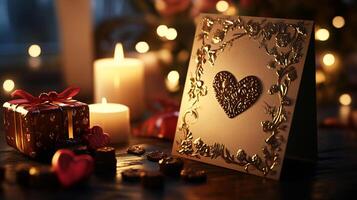 A stunning Valentine's card with golden floral details and a heart design sits on a wooden table, surrounded by candles, chocolates, and a gift box, creating a warm and love filled atmosphere. photo