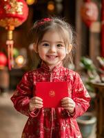 A cheerful child in a traditional red outfit holds a red envelope with festive decorations in the background, celebrating Chinese New Year with joy, prosperity, and cultural significance. photo