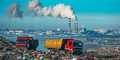 Dump trucks unloading garbage over vast landfill. Environmental pollution. Outdated method of disposal. Survival of times past. photo