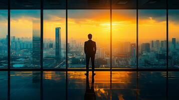 A visionary businessman stands in a modern office, gazing at the city skyline during a stunning sunset, symbolizing ambition, leadership, and determination to shape a successful future. photo