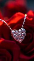 A heart pendant is set in a red rose. The pendant is made of diamonds and is set in a gold chain. The rose is red and has a shiny surface. The pendant and the rose together create a romantic photo