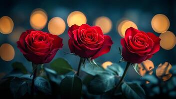 Three red roses are in a garden with green leaves. The roses are in the foreground and the background is blurry. The image has a romantic and peaceful mood photo