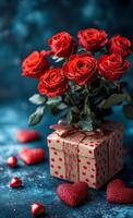 A bouquet of red roses is placed in a red box with a heart on the box. The roses are arranged in a vase and surrounded by a few heart-shaped decorations. Scene is romantic and thoughtful photo