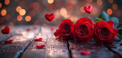 A bouquet of red roses with hearts scattered around them. The roses are arranged in a way that they look like they are flying through the air. Concept of love and romance, as the roses photo