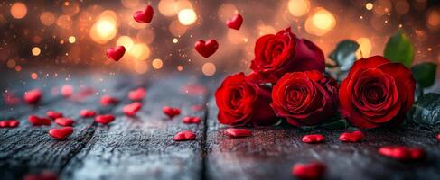 A bouquet of red roses is on a wooden table with a heart-shaped pattern. The roses are scattered around the table, with some of them placed in the center and others surrounding them photo