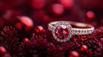 A red and white diamond ring is set in a red background. The ring is surrounded by red and white beads, giving it a festive and elegant look photo