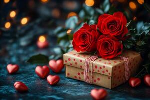 A box of red roses sits on a table with a blue background. The roses are the main focus of the image, and they are surrounded by several heart-shaped candies. Scene is romantic and festive photo