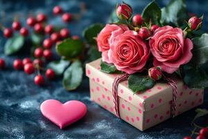 A heart-shaped box with three red roses on top of it. The heart is pink and the roses are red, giving the impression of love and affection. The box is placed on a blue surface photo