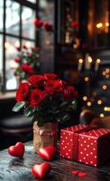 A red box with a red polka dot design sits on a table next to a vase of red roses. The roses are arranged in the vase and there are also two heart-shaped decorations on the table photo