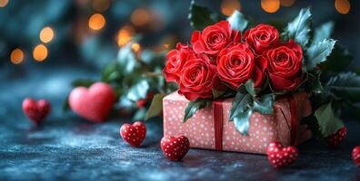 A box of red roses sits on a table with a heart and a bunch of red roses. Concept of love and affection, as the roses are a symbol of romance and the heart represents love and passion photo