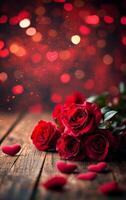 A bouquet of red roses is placed on a wooden table with a heart-shaped design in the background. The roses are arranged in a way that they look like they are blooming photo